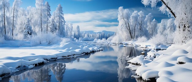 Reflektierender Fluss im Winterwunderland