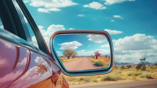 Foto reflektion im auto-seitspiegel farbenfrohe regenbogen-reise-abenteuer versteckter rahmen octane render