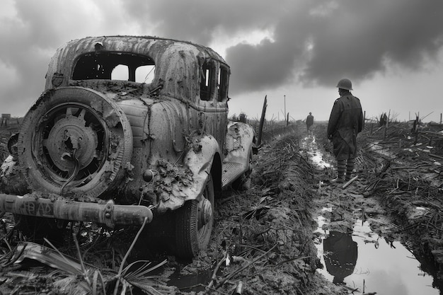 Foto refletindo o sofrimento e a dor, a representação da devastação e destruição durante a segunda grande guerra, um olhar para a profundidade das emoções e provações durante um período difícil e tumultuado da história.