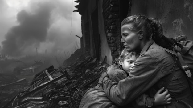 Foto refletindo o sofrimento e a dor, a representação da devastação e destruição durante a segunda grande guerra, um olhar para a profundidade das emoções e provações durante um período difícil e tumultuado da história.