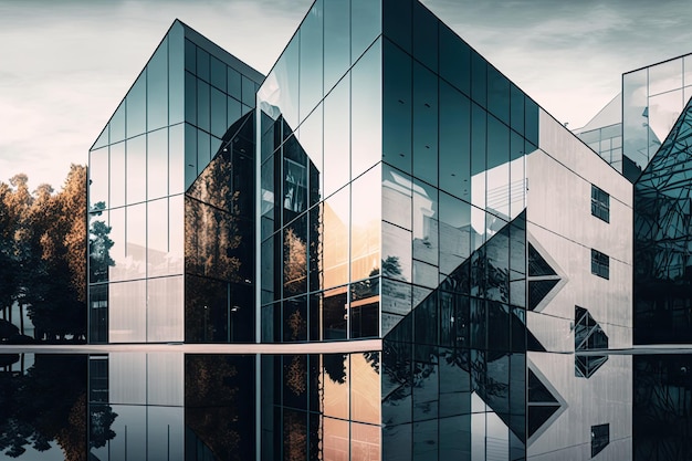 Reflexão da arquitetura moderna com formas geométricas e fachadas de vidro criadas com IA generativa