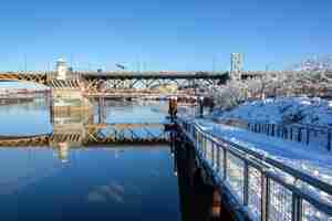 Foto reflexão da esplanada eastbank no rio willamette contra o céu