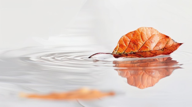 Reflexão da Folha de Outono na Superfície da Água Uma folha de outono laranja vibrante repousa sobre uma superfície de água semelhante a um espelho, criando um reflexo perfeitamente simétrico em meio às ondulações