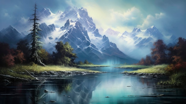 Reflexão da montanha em águas calmas paisagem serena
