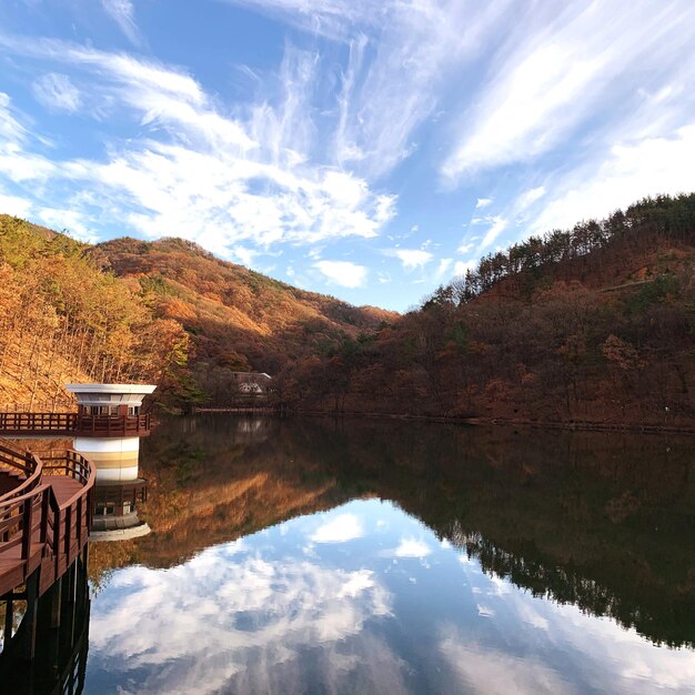 Foto reflexão da montanha no lago contra o céu