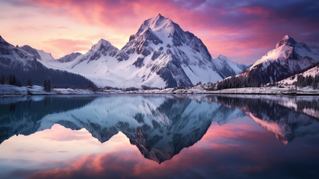 Reflexão da natureza paisagem de neve à noite