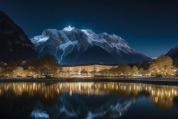 Reflexão das luzes e da montanha em um lago capturado no parco Ciani Lugano, Suíça