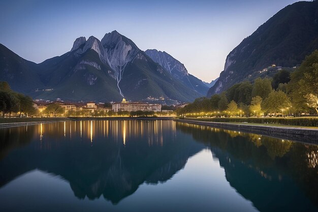 Reflexão das luzes e da montanha em um lago capturado no parco Ciani Lugano, Suíça