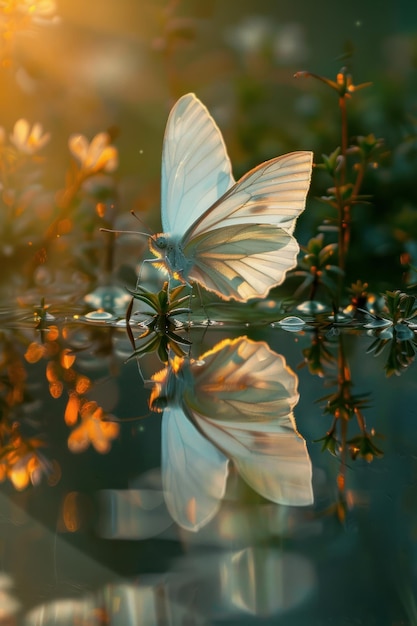 Reflexão de água fresca de asas brancas consciência despertando em meio à flora linha de luz crepúsculo ultra HD