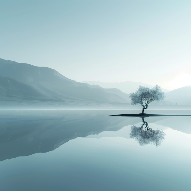 Reflexão de árvore solitária na água com vista para a montanha na névoa da manhã cedo Lago natural