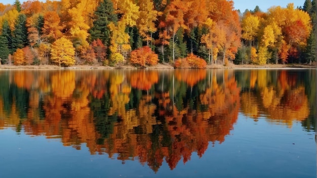 Reflexão de árvores coloridas de outono no lago