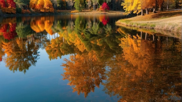 Reflexão de árvores coloridas de outono no lago