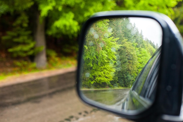 Reflexão de estrada molhada e floresta de verão no espelho lateral de um carro