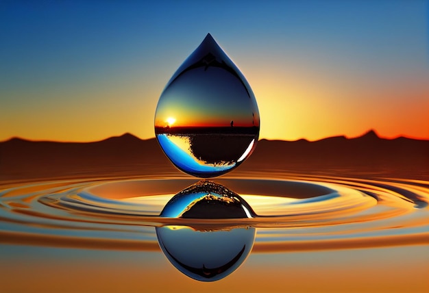 Reflexão de gotas de água na água com fundo de céu azul IA geradora