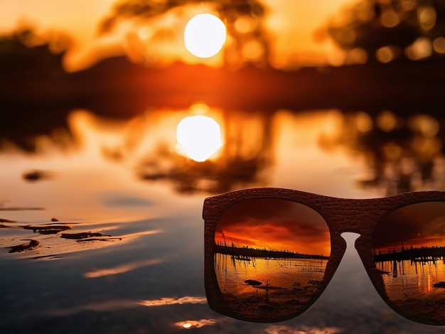 Reflexão de óculos de sol na natureza ao ar livre, pôr do sol, luz solar, água