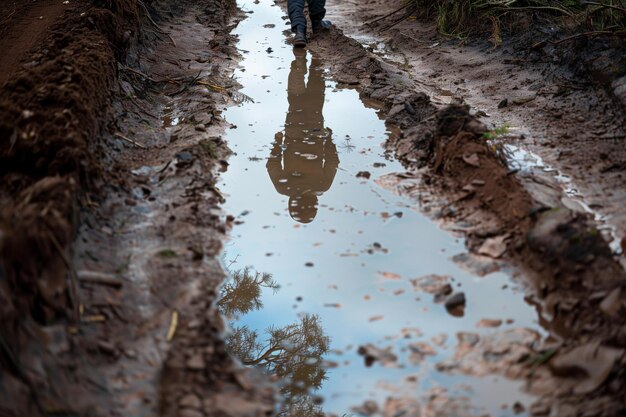 Reflexão de pessoas em uma grande poça de trilha cercada de lama