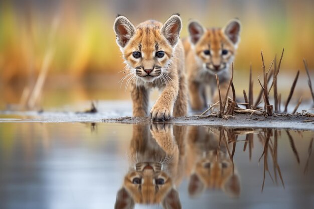 Reflexão de pumas na água durante a caça