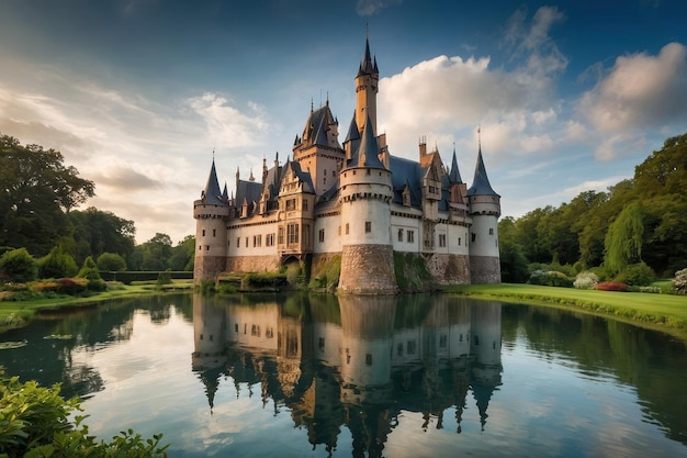 Reflexão de um castelo de contos de fadas num lago tranquilo