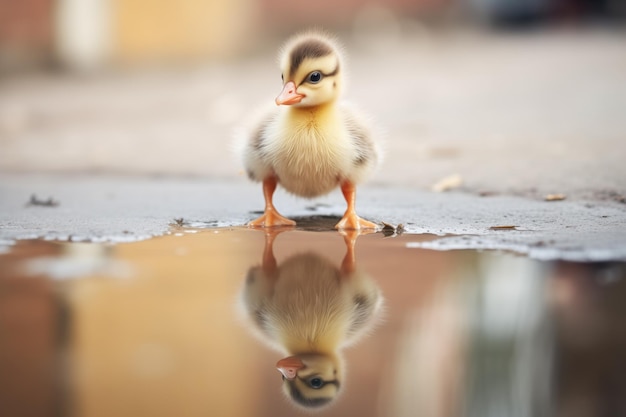 Reflexão de um patinho numa poça clara