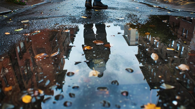 Reflexão de uma pessoa de pé em uma poça de água em uma rua da cidade em um dia chuvoso o reflexo é distorcido pelas ondulações na água