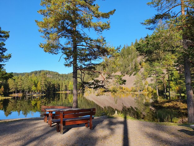 Foto reflexão do céu e das montanhas na água azul - lago oslo strmsdammen