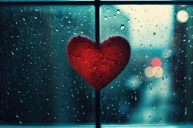 Reflexão do coração em janela chuvosa luzes da cidade e ama melancolia IA gerativa