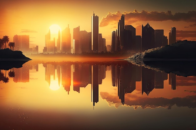 Reflexão do horizonte da cidade em um lago tranquilo com vista para o pôr do sol