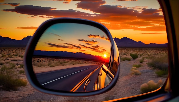 Reflexão do pôr-do-sol no espelho de um carro na estrada IA geradora