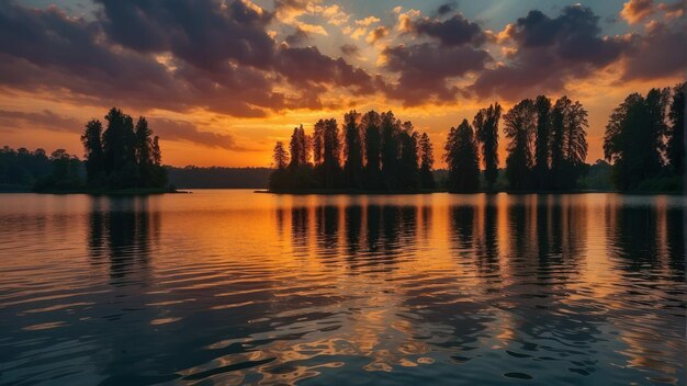 Reflexão do pôr-do-sol num lago de floresta calmo
