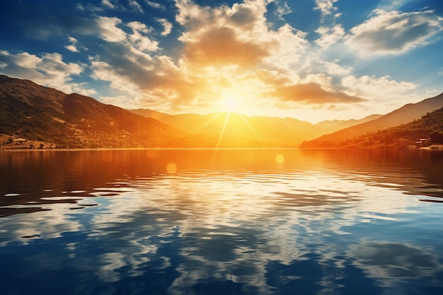 Reflexão do sol na superfície de uma lagoa calma com lilas