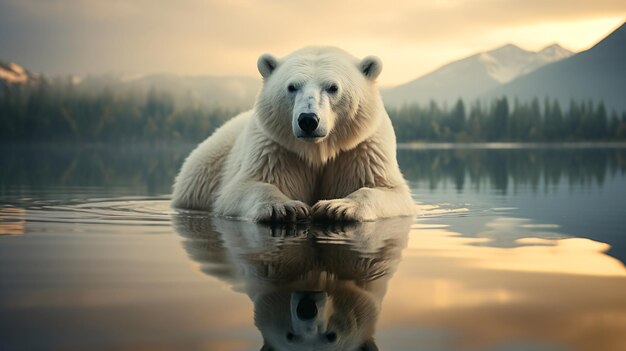 Reflexão etérea do urso polar capturando a beleza dos sonhos em águas espelhadas