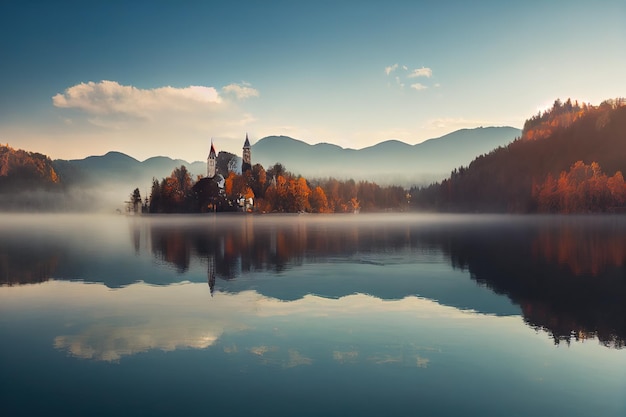 Reflexão nevoenta da manhã de outono da ilha de Bled no lago Bled Eslovênia Ilustração digital