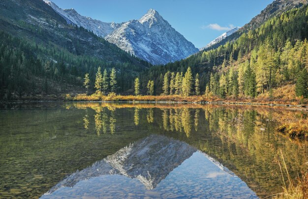 Reflexão pitoresca de picos em um lago de montanha manhã de outono lugares selvagens
