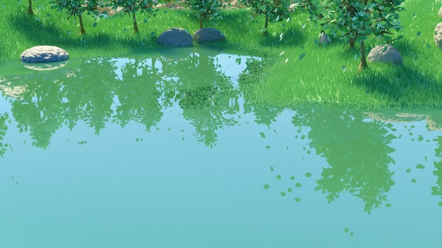 reflexión del agua del lago árboles verdes y pastos verdes render 3d fondo de verano