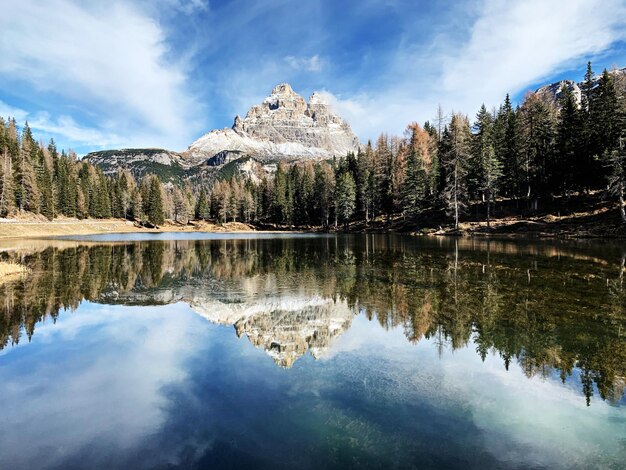 Foto reflexión de los árboles en el lago contra el cielo