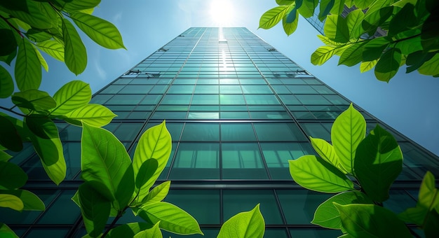 Reflexión de árboles verdes en las ventanas de un moderno edificio de oficinas Concepto ecológico