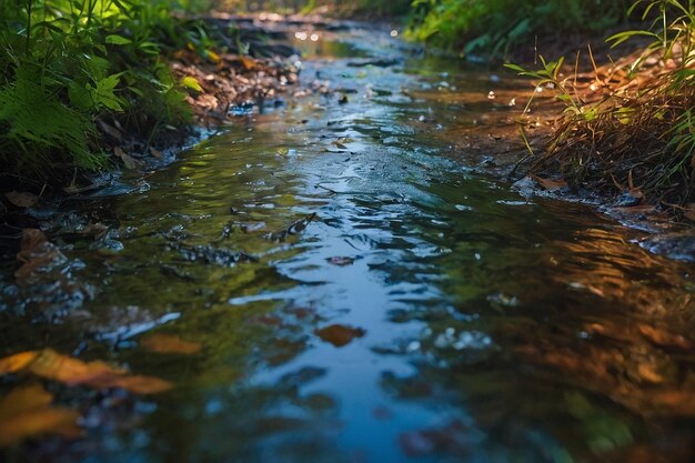 Foto reflexión de un arco iris en una estrea del bosque