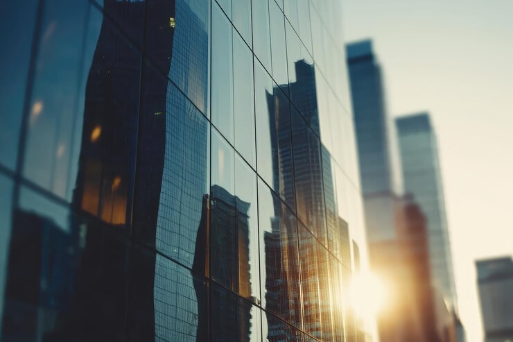 Reflexión borrosa en la moderna pared de vidrio de un edificio de oficinas