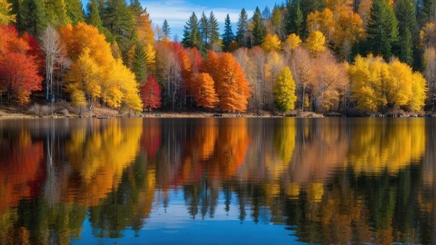 Reflexión del bosque de otoño en las aguas tranquilas del lago