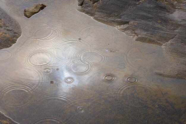 Reflexión del cielo en el agua en la orilla rocosa.