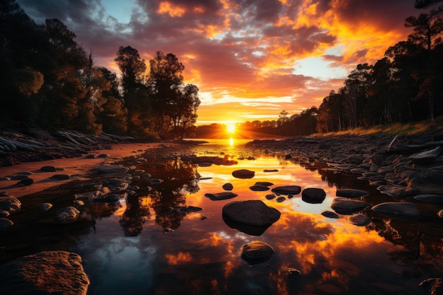 Reflexión del crepúsculo puesta de sol sobre el agua hermosa imagen de amanecer
