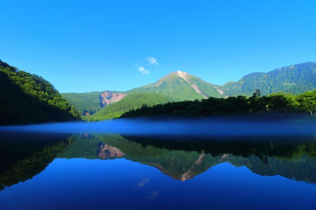 Reflexion der Berge im See gegen den blauen Himmel