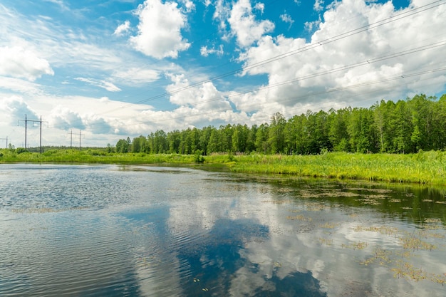 Reflexion des blauen Himmels mit Wolken im Teich