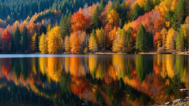 Reflexion des Herbstwaldes im ruhigen Seewasser