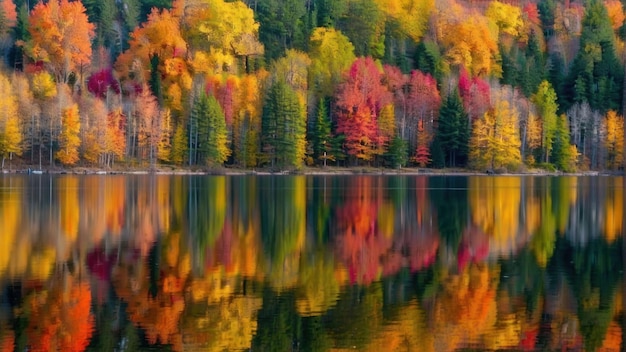 Reflexion des Herbstwaldes im ruhigen Seewasser