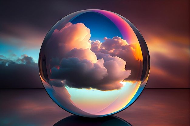 Reflexion des Wolkenhimmels in einer magischen transparenten Glaskugelillustration Generative KI