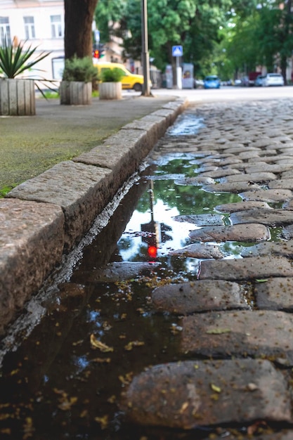 Reflexion einer Ampel in einer Pfütze auf einem gepflasterten Bürgersteig in einer alten europäischen Stadt