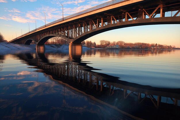 Reflexion einer modernen Brücke auf ruhiger Wasseroberfläche, die mit generativer AI erzeugt wurde