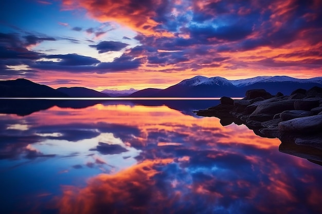 Reflexion eines Sonnenuntergangs in ruhigem Wasser wie einem See oder Ozean