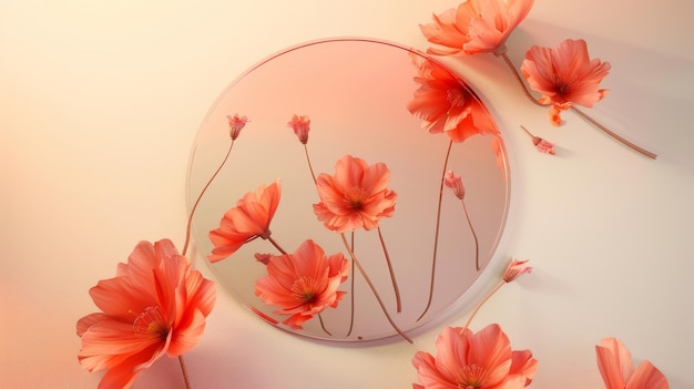 Reflexión de una flor de primavera en un espejo en un fondo aislado renderización 3D